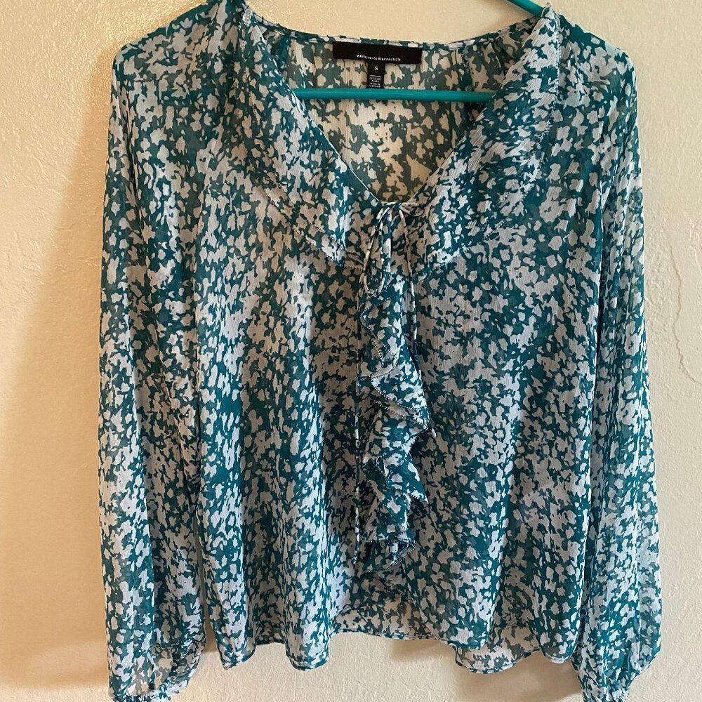 White House Black Market Teal and White Printed Ruffle Blouse